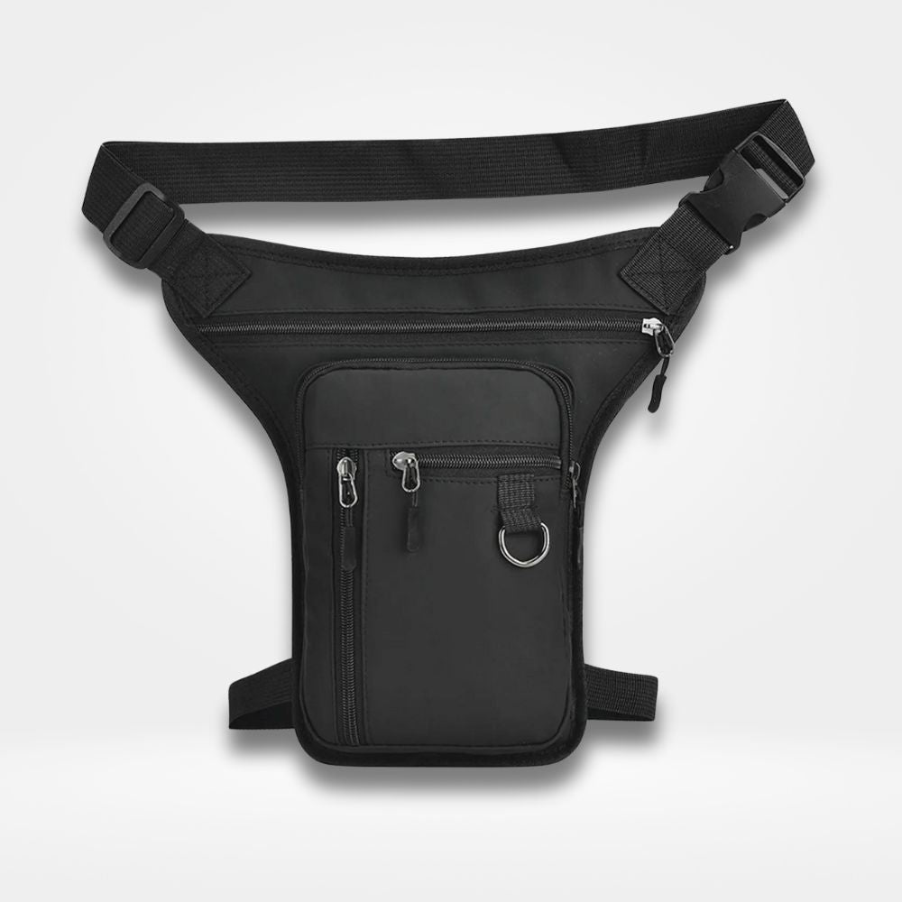 Sac banane multi-poches noir avec sangle réglable et attache de cuisse — sac de jambe pratique pour moto, voyage et randonnée