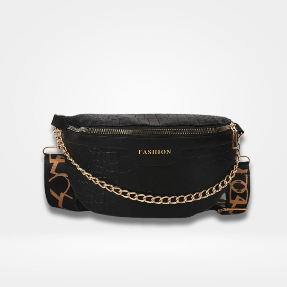 Sac banane noir femme chic en simili cuir effet croco avec chaîne dorée et sangle imprimée — accessoire tendance et élégant