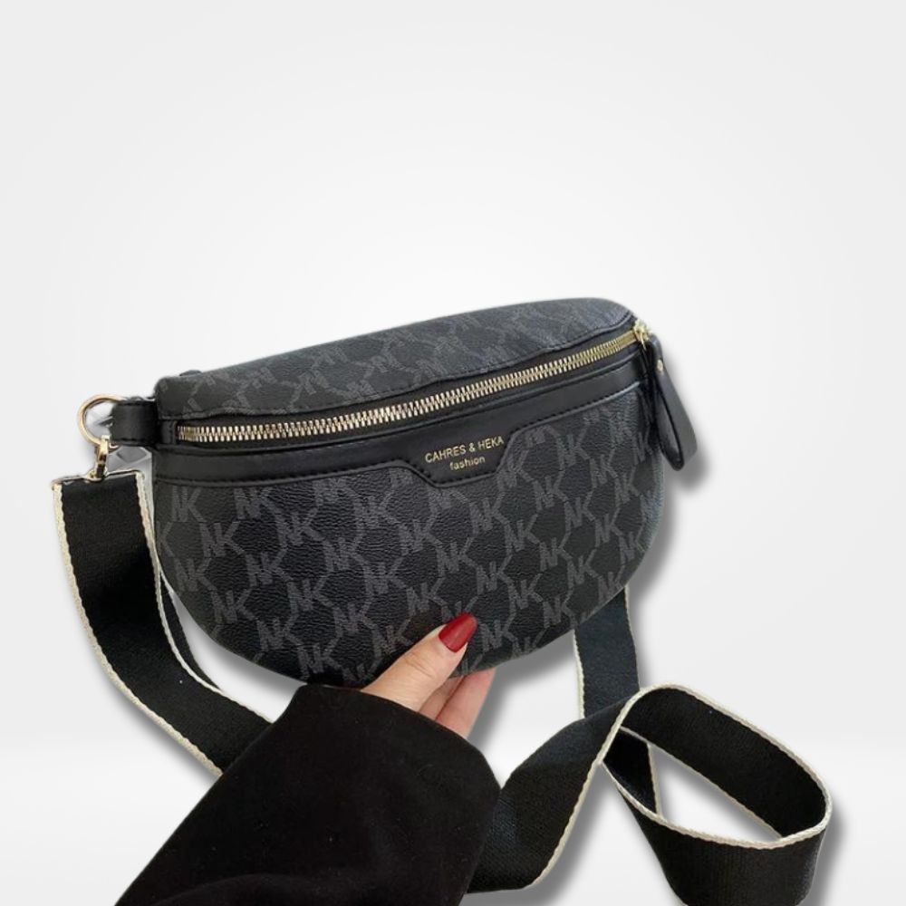 Sac banane noir femme avec imprimé monogramme et sangle large ajustable — sac chic et pratique pour le quotidien