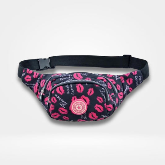 Sac banane noir imprimé lèvres roses avec sangle ajustable — accessoire fun et tendance pour filles et ados