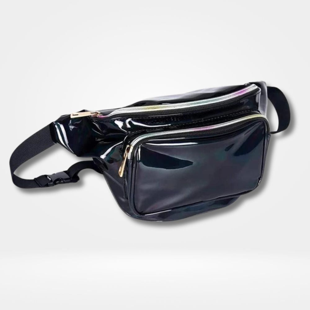 Sac banane noir vernis femme avec 2 poches zippées et sangle ajustable — sac chic et pratique pour soirées, voyages et sorties