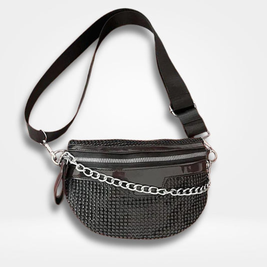 Sac banane noir vernis femme avec chaîne argentée et sangle réglable — sac chic et tendance pour soirées et sorties