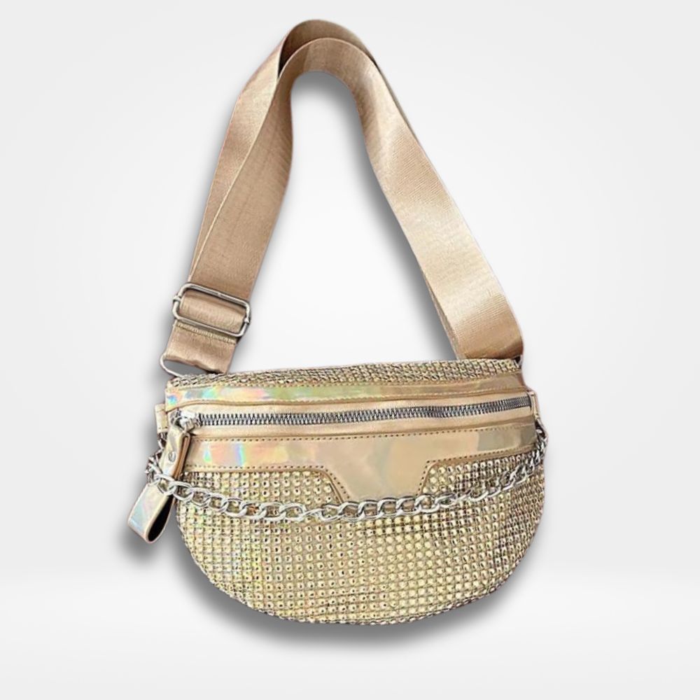 Sac banane chic or texturé brillant avec bandoulière réglable et détail chaîne métal.