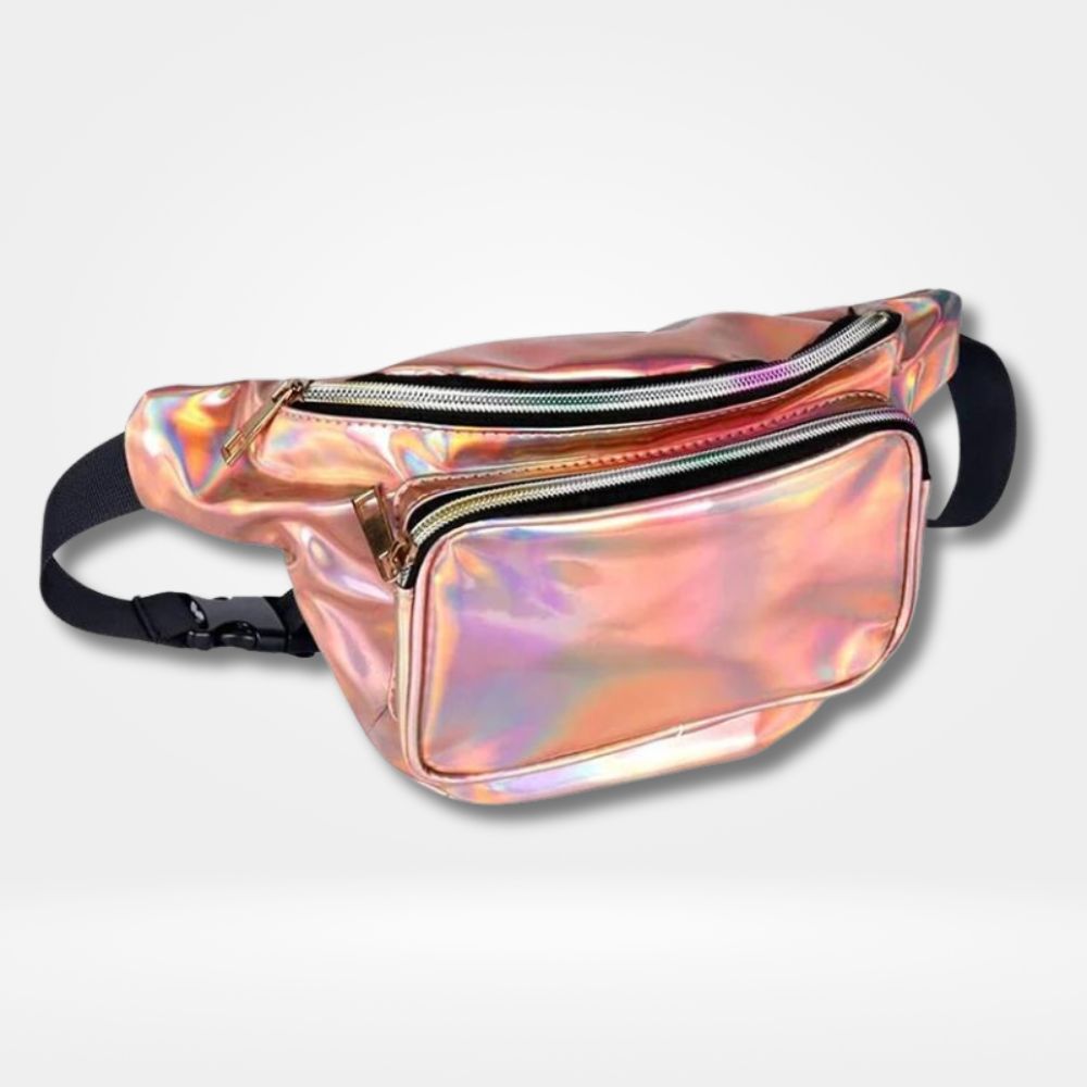 Sac banane mode femme rose métallisé — chic et pratique avec 2 compartiments.