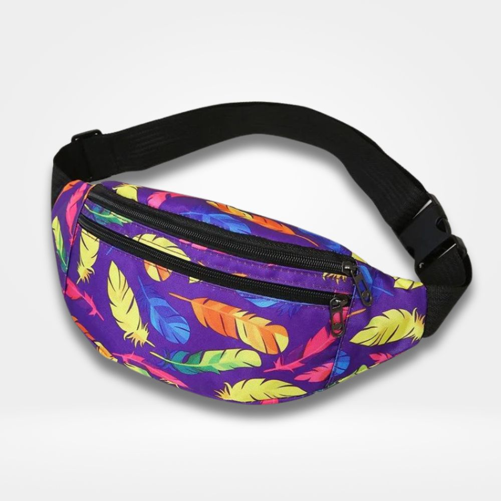 Sac banane coloré violet avec imprimé vif de plumes — accessoire tendance pour festival, voyage et quotidien.