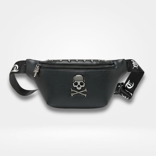 Sac banane noir tête de mort avec os croisés – sac ceinture rock en simili cuir clouté WorldWaist®, accessoire mode gothique et punk pour homme et femme.