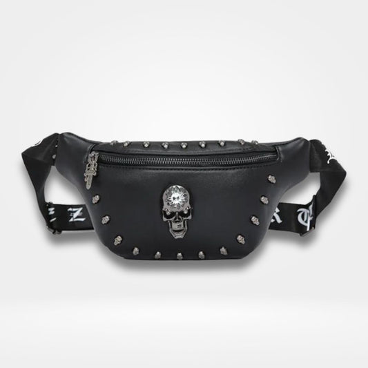 Sac banane noir tête de mort clouté – accessoire rock gothique en simili cuir avec strass et détails métalliques, sac ceinture tendance pour homme et femme.