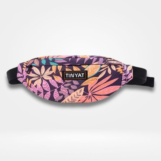 Sac banane couleur femme avec imprimé floral multicolore sur fond violet, fermeture zippée et sangle noire réglable — sac tendance pour voyage, festival et quotidien