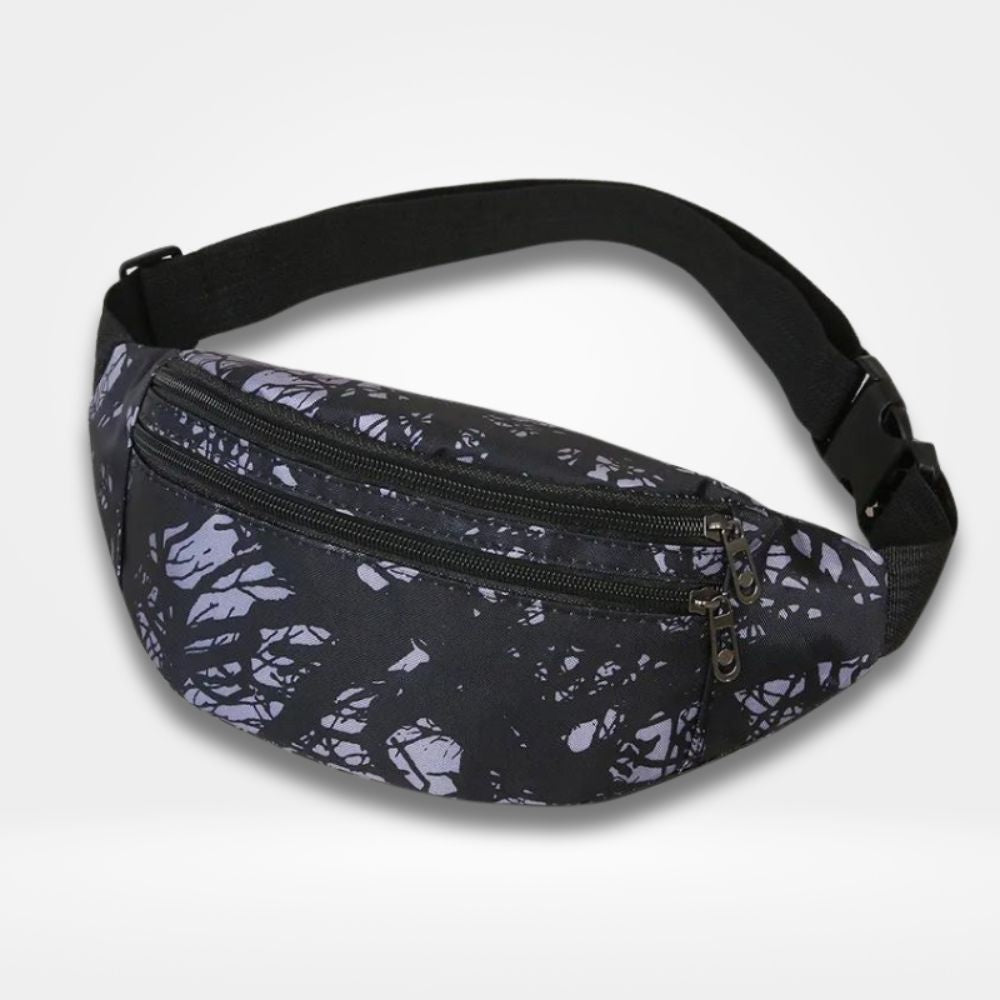 Sacoche banane garçon noir motif abstrait avec fermetures éclair — sac ceinture pratique pour sport et loisirs.