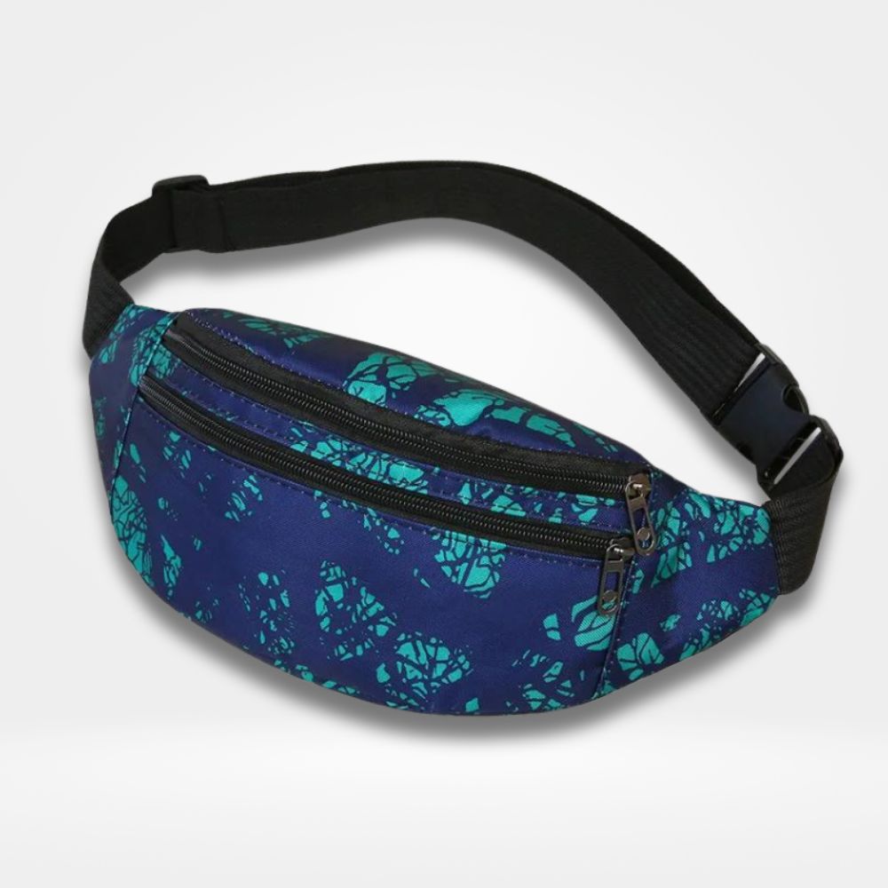 Sac banane garçon bleu avec imprimé moderne noir, poches multiples et sangle ajustable — idéal pour sorties et vacances.